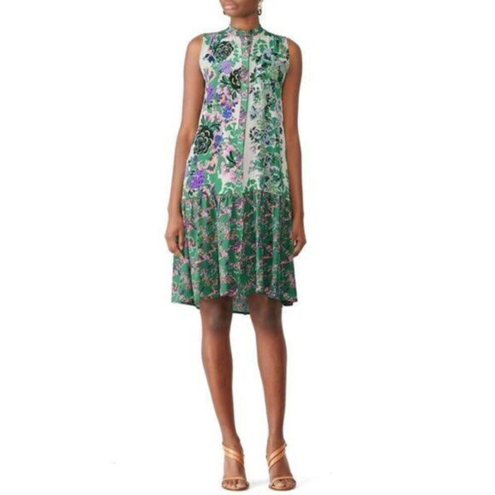 SALONI EUC Tilly-B Printed Mini Green Ruffle Hem Silk Dress  US 4
